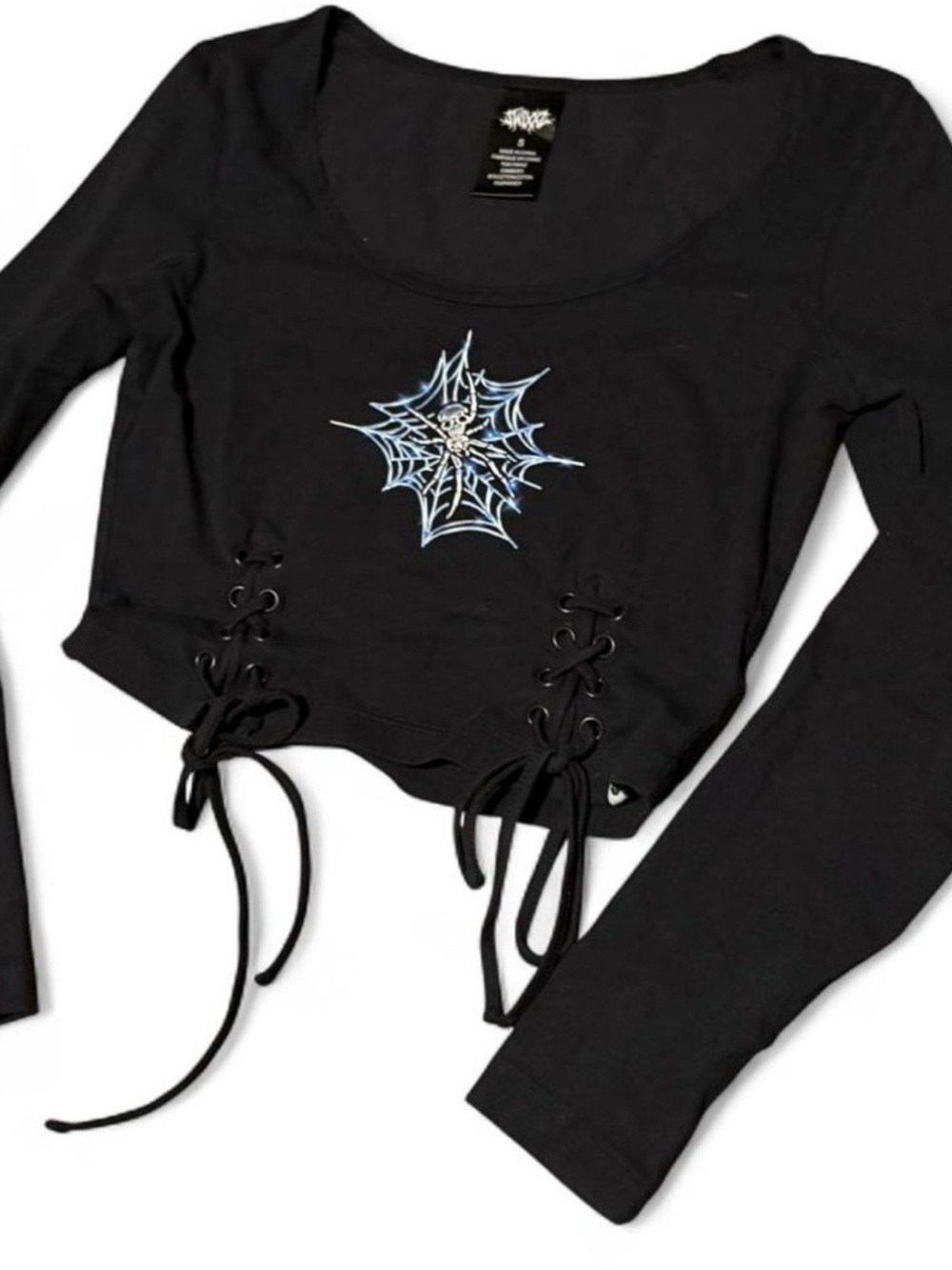 SWIXXZ Lace-Up Crop Top with Spiderweb Skull Graphic